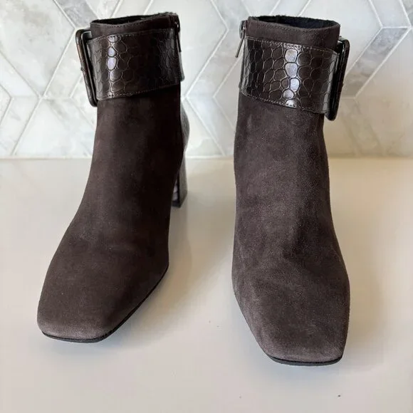 Ron White 38/7.5 Ankle Boot Zipper Block Heel Linzi Brown Croc Cashmere Suede - Picture 2 of 11
